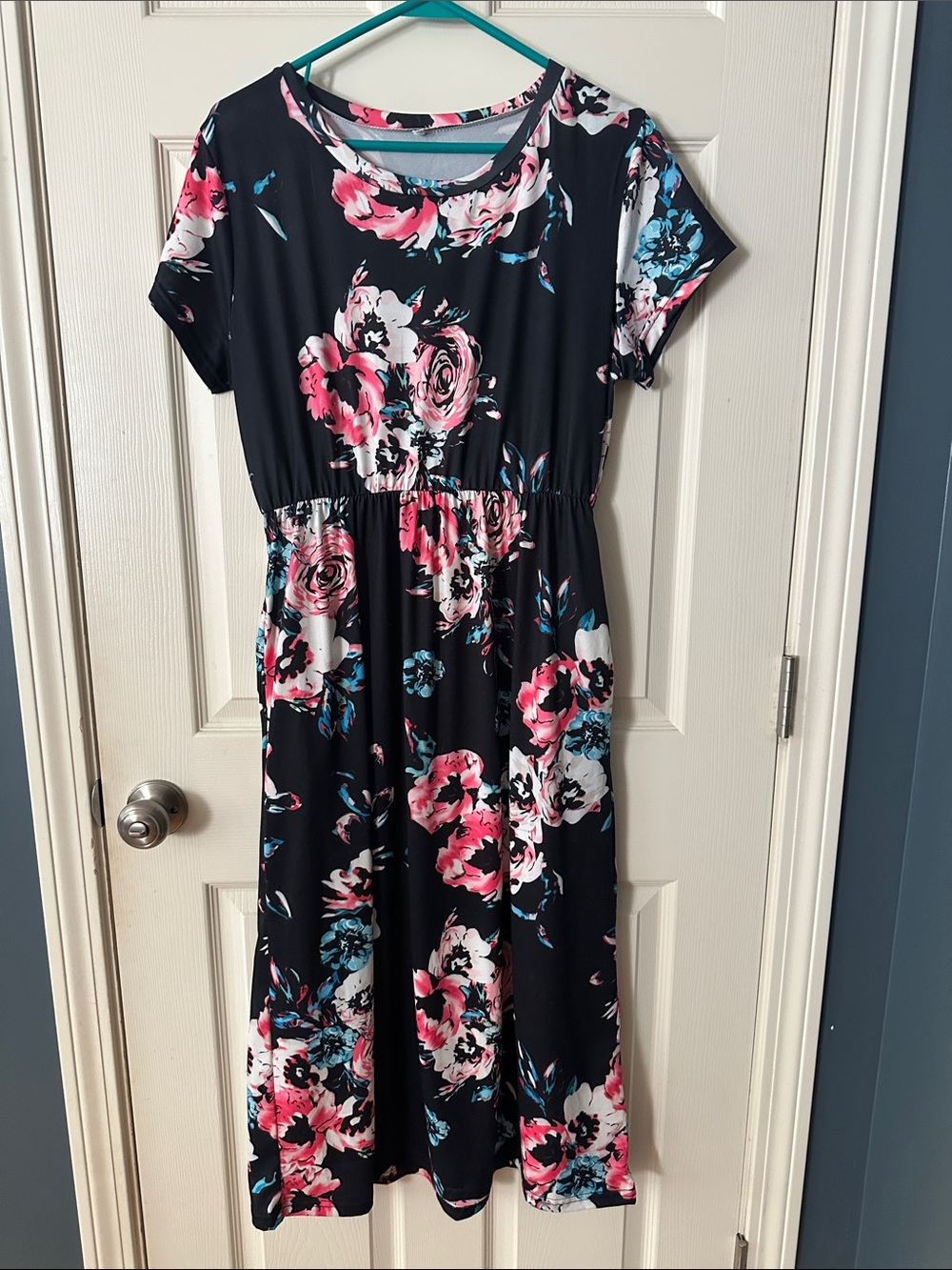 Floral Midi Dress in Black with Pink & Teal Accents
